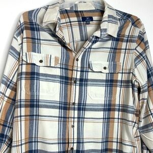 Men's George Flannel Shirt 2XLT Big & Tall Ivory Blue Brown Plaid Button Up.